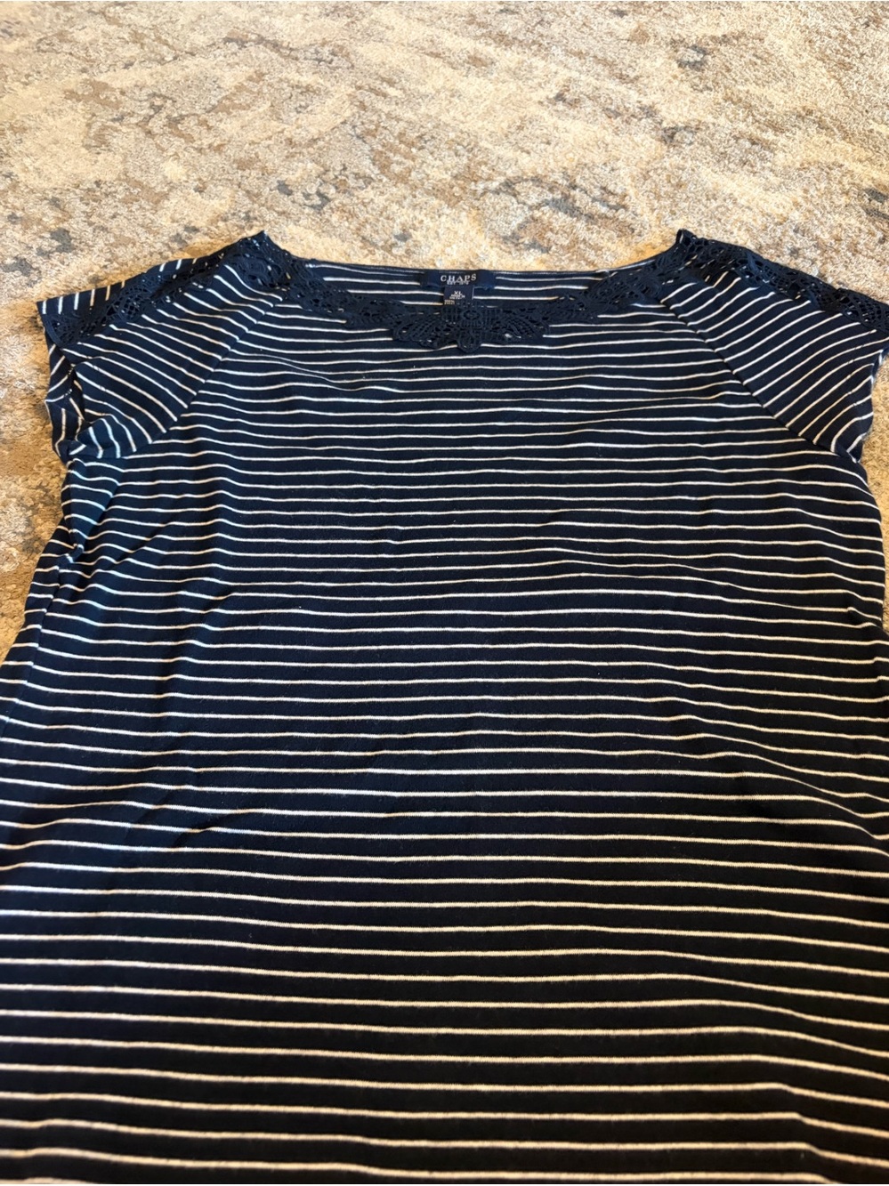 Chaps Navy and White Striped Lace-Trim Short Sleeve Tee